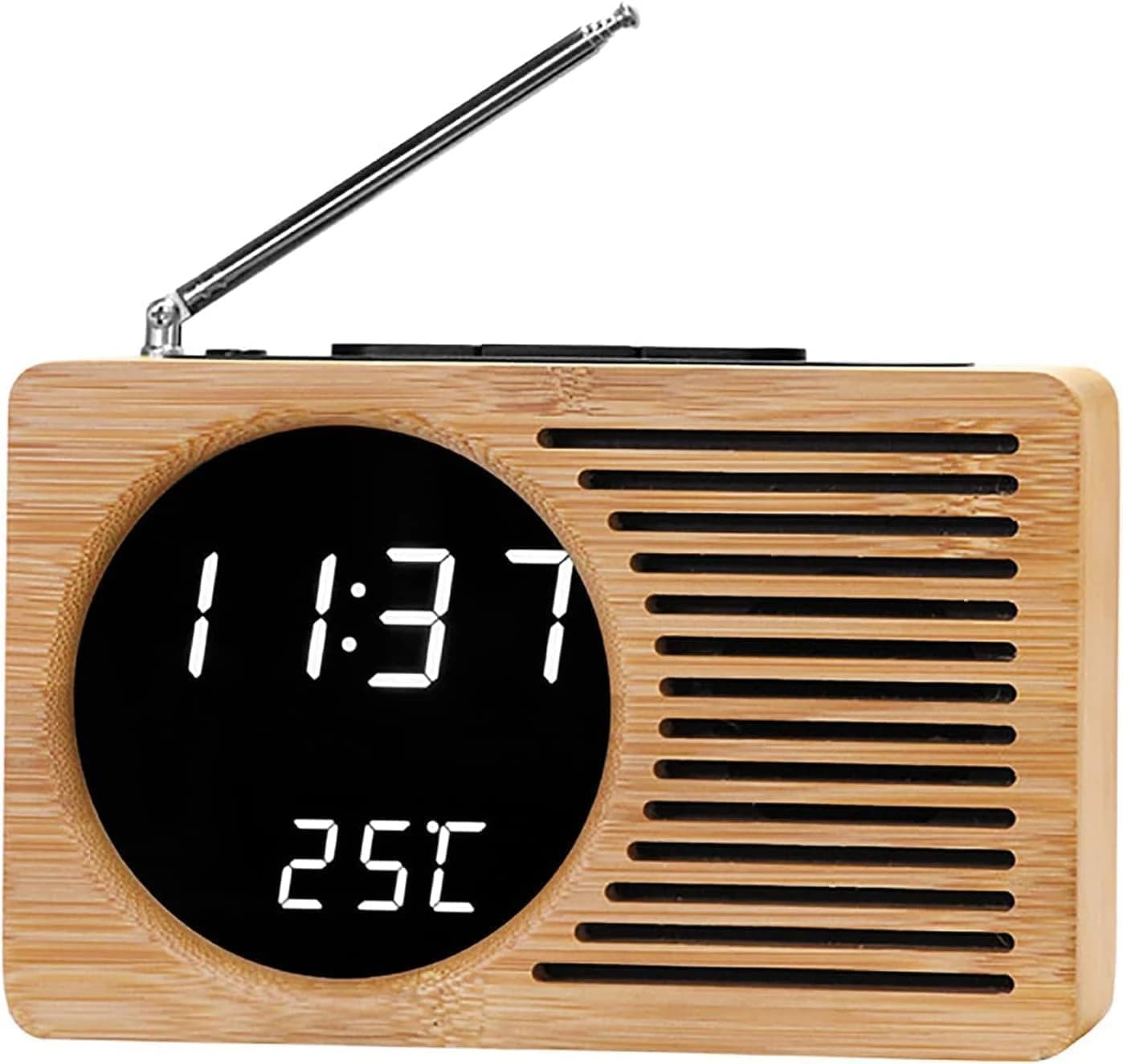 Wooden Digital FM Radio Alarm Clock with Thermometer