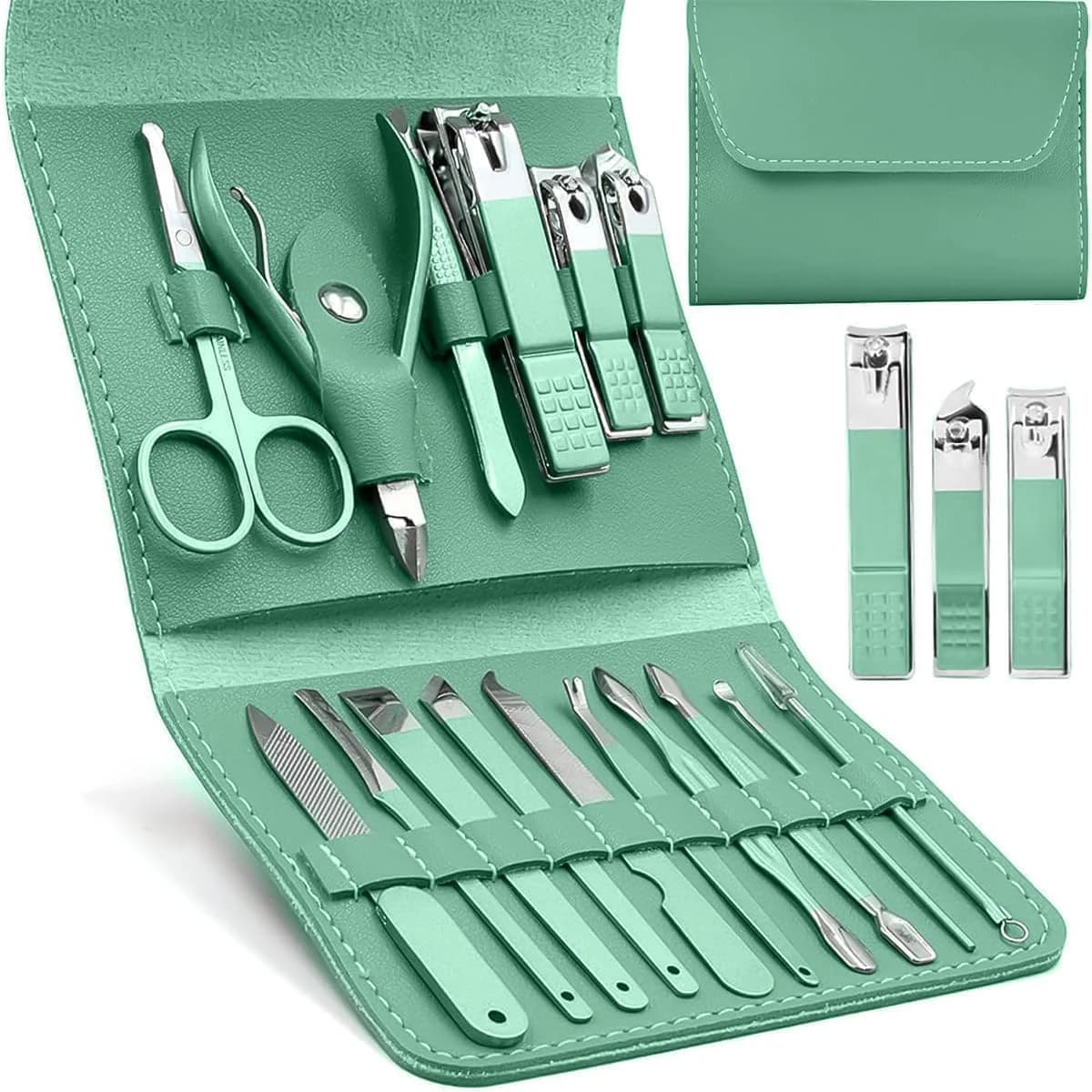16-in-1 Professional Manicure & Pedicure Set with Leather Case Green