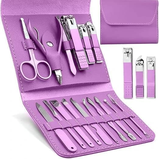 16-in-1 Professional Manicure & Pedicure Set with Leather Case Purple