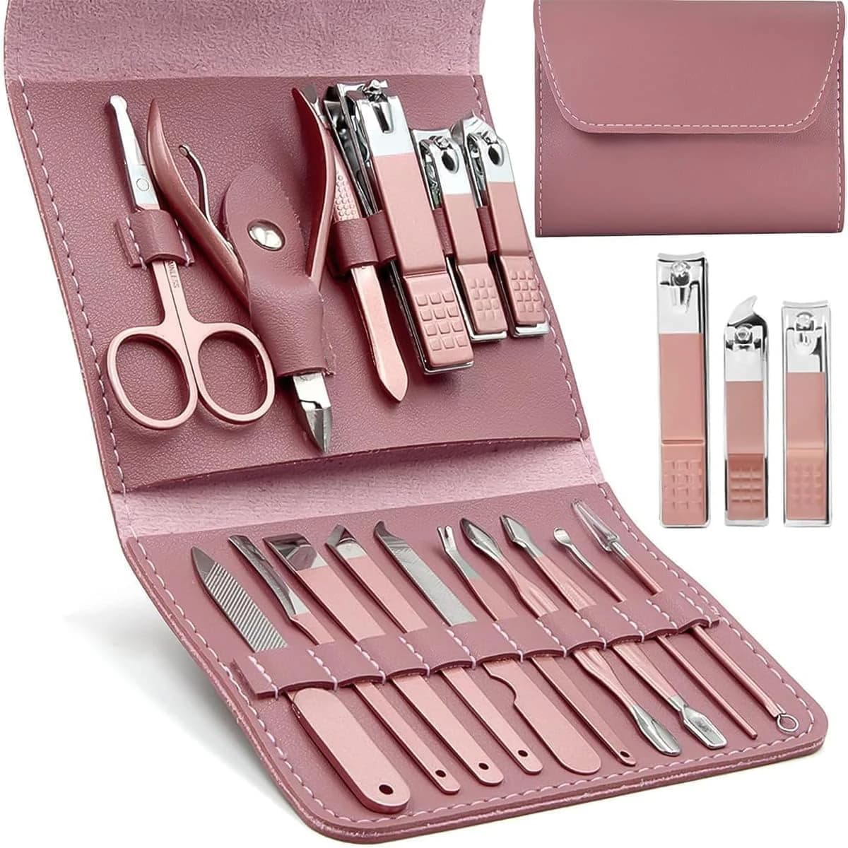 16-in-1 Professional Manicure & Pedicure Set with Leather Case Pink