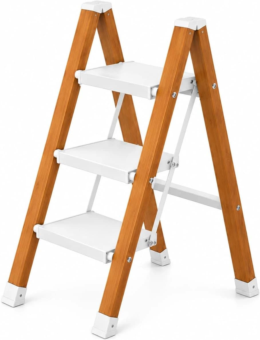3-Step Folding Home Ladder – Metal Frame, Non-Slip Steps, White