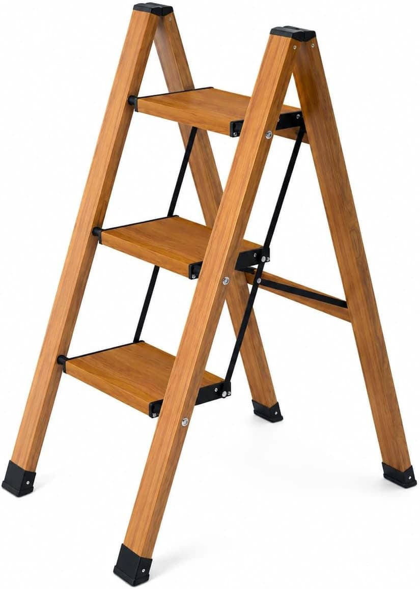 3-Step Folding Home Ladder – Wood Finish, Non-Slip Steps