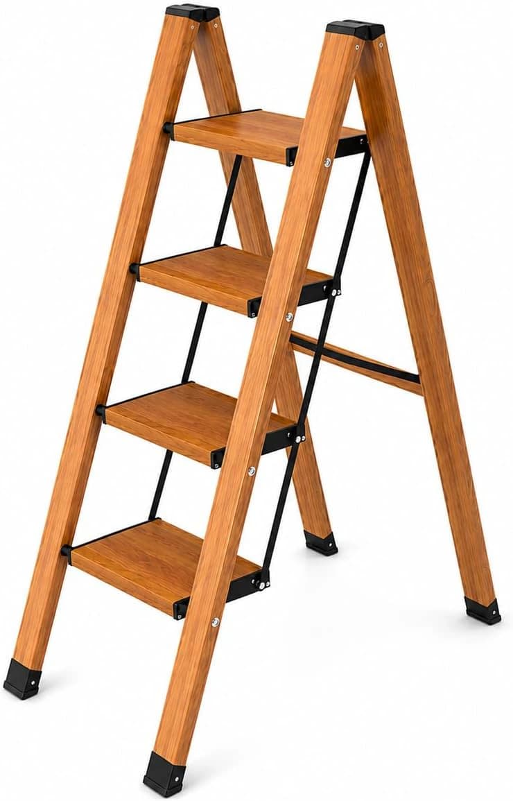 4-Step Folding Home Ladder – Wood Finish, Non-Slip Steps