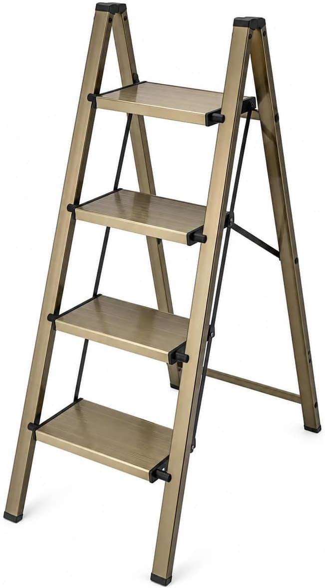 4-Step Folding Aluminum Ladder – Copper Color, Wide Non-Slip Steps