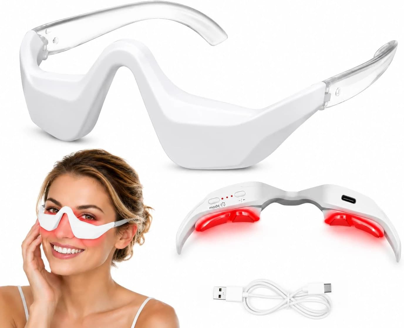LED Under-Eye Care Glasses 650nm – 4 Light Therapy Modes, Rechargeable