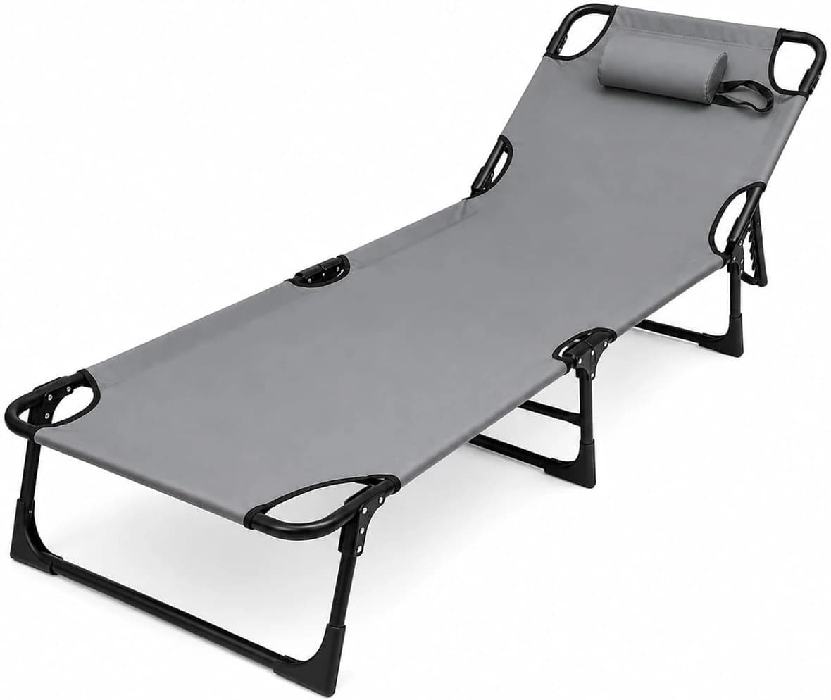 Folding Camping Cot with Headrest Pillow & Metal Frame – Portable