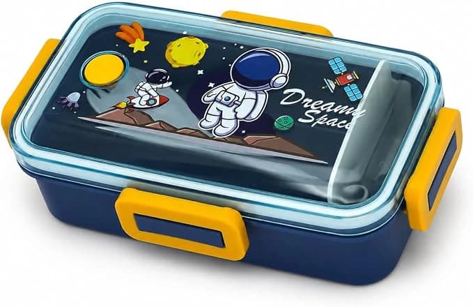 Blue Rectangular Lunch Box with Transparent Lid and Side Clips