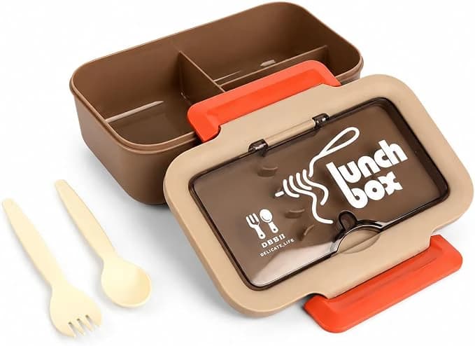 Brown Multi-Compartment Lunch Box with Transparent Lid, Spoon and Fork