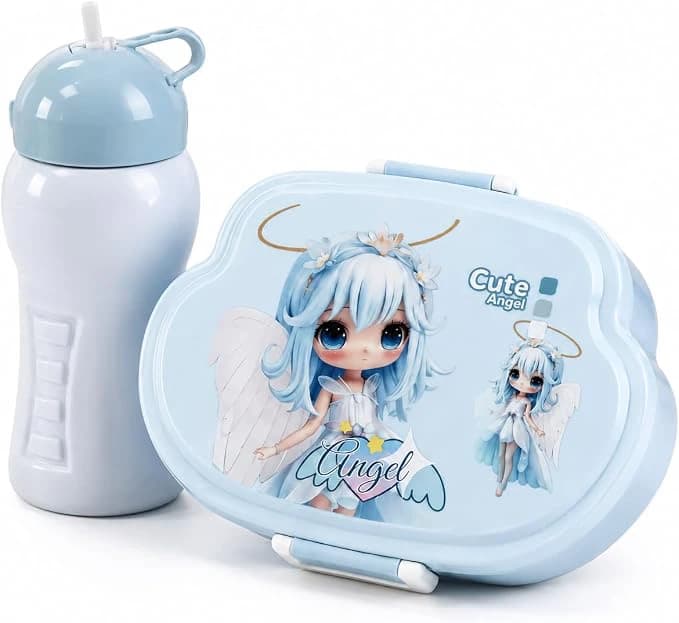 Light Blue Divided Lunch Box Set with Bottle,Spoon,Fork