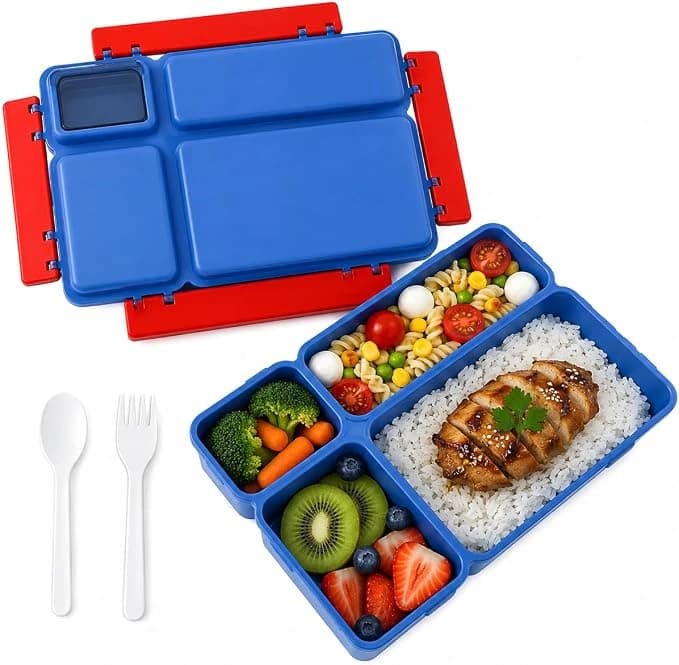 Blue Multi-Compartment Layered Lunch Box Set with Spoon and Fork