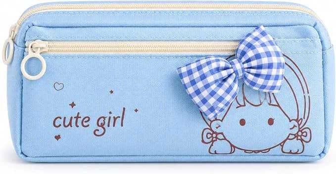 Compartment Pencil Case with Zippers and Decorative