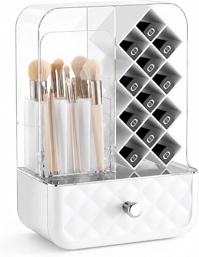 White Multi-Compartment Makeup Organizer with Drawer and Adjustable