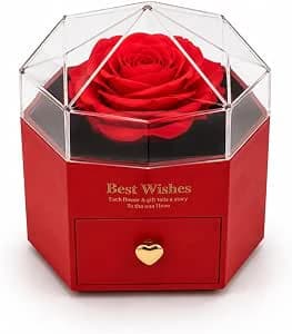 Red Rose Gift Box with Jewelry Drawer and Ring Holders - Red & Black