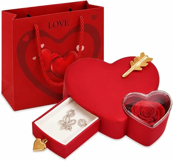Red Heart-Shaped Romantic Gift Box with Rose and Jewelry Drawer